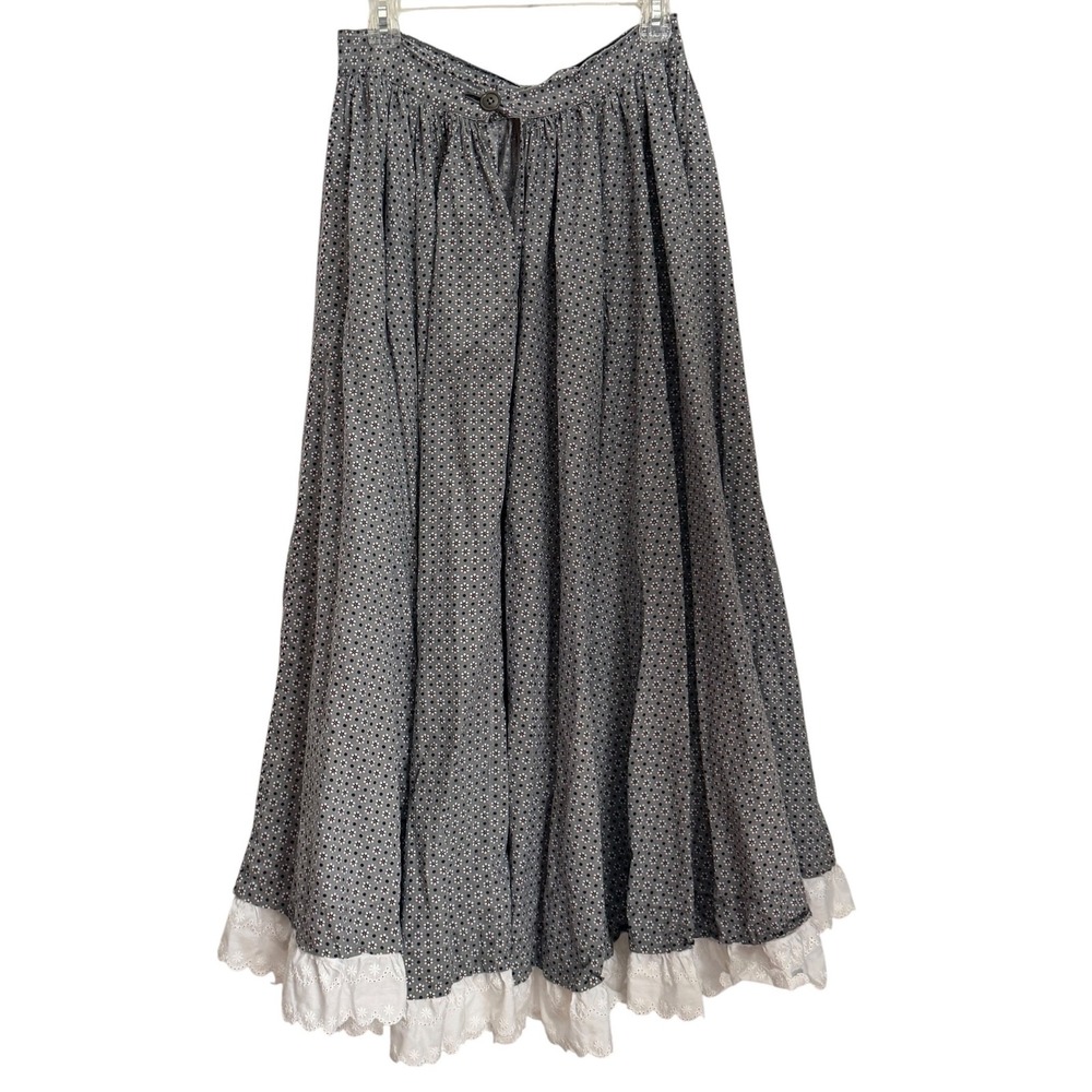 Vintage Ren Faire Prairie Maxi Skirt Womens Size M Grey Floral Eyelet Lace Trim - Picture 3 of 7